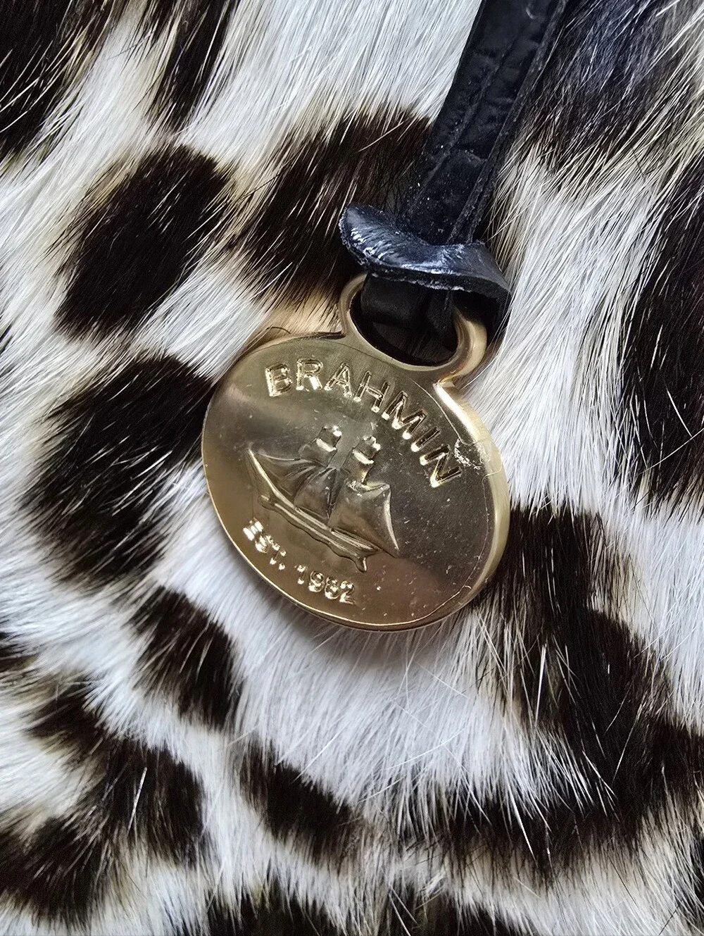 🆕️ Brahmin Hudson Leather Top Handle Satchel in Creme Muse Leopard Rabbit Fur